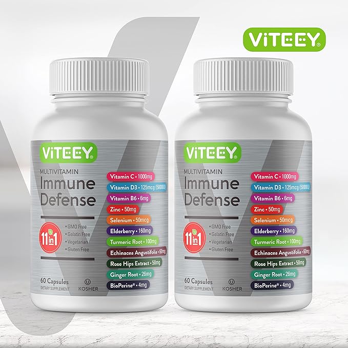 11 in 1 Multivitamin Immune Defense Supplement - Immune Booster Capsules with Vitamin D3, Vitamin B6, Echinacea, Turmeric, Rose-HIPS, Selenium, BioPerine, Ginger, Elderberry Vitamin C and Zinc-SeraviaPure