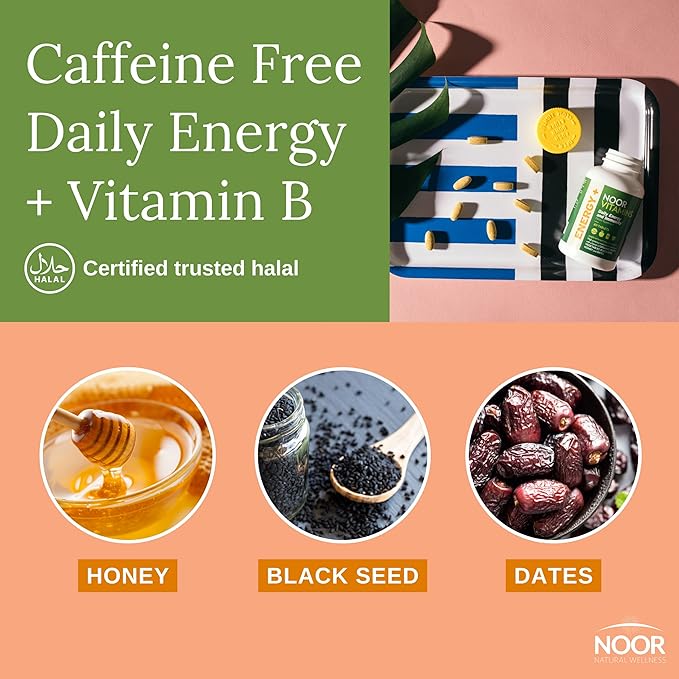Noor Vitamins Energy+ Multivitamin; Halal Vitamin for Energy Production & Immunity, 26 Vitamins & Minerals, Black Seed, Dates, Honey, for Men & Women. Gelatin Free, 2 Month Supply-SeraviaPure