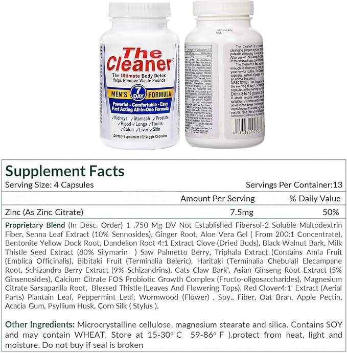 Century Systems The Cleaner Detox, Powerful 7-Day Complete Internal Cleansing Formula for Men, Support Digestive Health, 52 Vegetarian Capsules-SeraviaPure