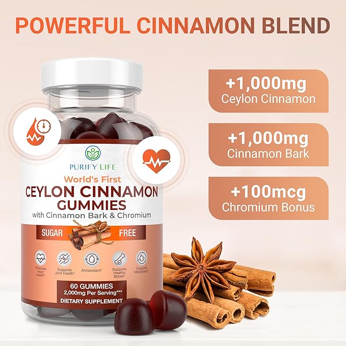 Purify Life Sugar-Free Ceylon Cinnamon Gummies (2,000mg/Serving) Ceylon Cinnamon Supplement for Brain Health, Vegan, Gluten-Free, Replace Ceylon Cinnamon Capsules, Pills, Powder, Extract (60 Chews)-SeraviaPure