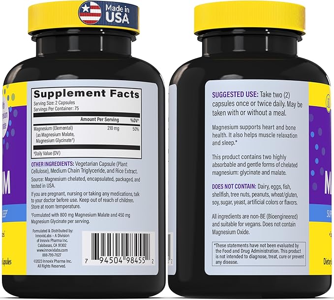 InnovixLabs Advanced Magnesium Capsules - 150 Ct, 210 mg - Chelated Magnesium Glycinate and Malate, High Absorption, Promotes Relaxation, Bones, Muscle Health, Vegan Magnesium Malate Sleep Supplement-SeraviaPure