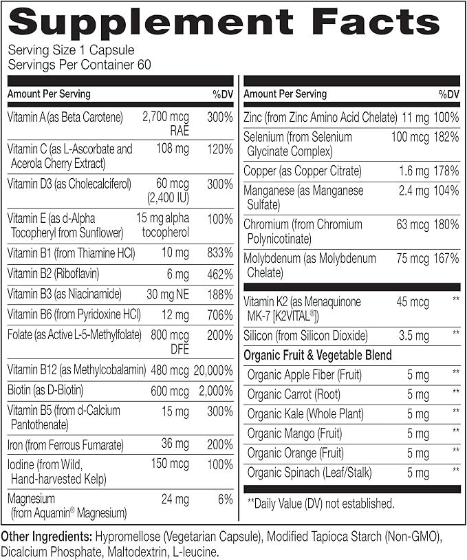 NATURELO Bariatric Multivitamin - One Daily with Iron - Supplement for Post Gastric Bypass Surgery Patients - Natural Whole Food Nutrition - 60 Veggie Capsules-SeraviaPure