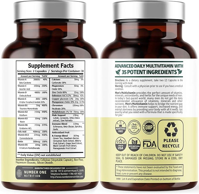 Number One Nutrition Premium Men's Daily Multivitamin Multimineral Supplement [Gluten Free, Non-GMO], Vitamins A C E D B1 B2 B3 B5 B6 B12, Magnesium, Biotin, Sprulina, and Zinc, 60 Veg Caps-SeraviaPure