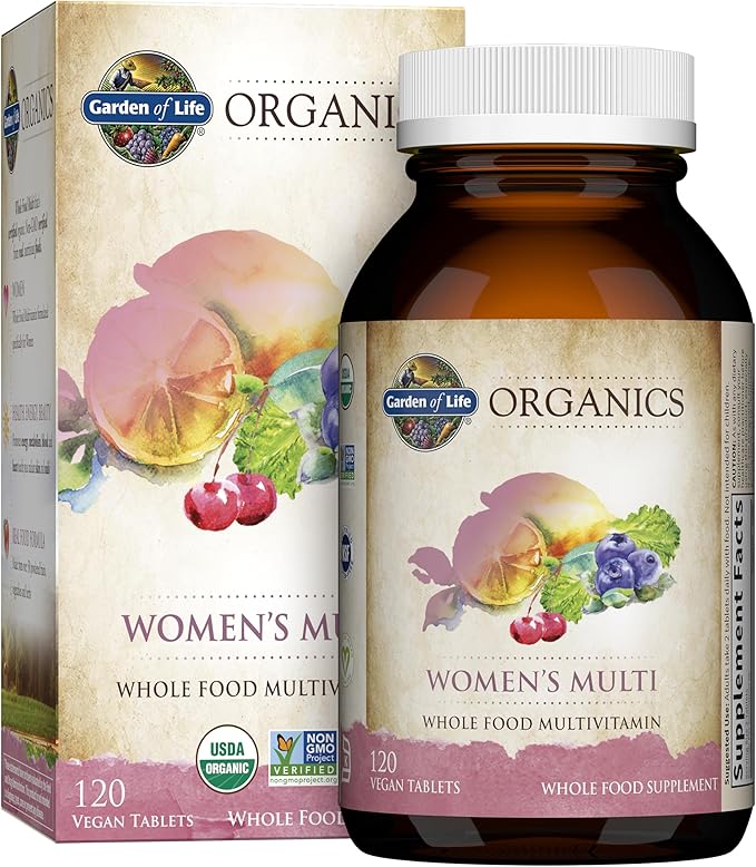 Garden of Life Organics Multivitamin for Women, Womens Multi with Vitamin C, D, Folate, B6, B12, Biotin, Iron, Vegan Whole Food Vitamins for Women, Energy, Skin, Nails, 120 Tablets-SeraviaPure