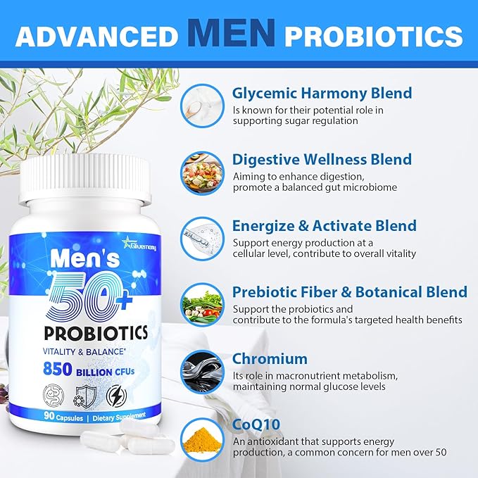 Probiotics for Men, Advanced 50+ Mens Probiotic, Comprehensive Gut & Energy Support with 850 Billion CFU, 1800mg Prebiotics Fiber – Tailored Wellness mens probiotics for gut health over 50, 990Capsule-SeraviaPure