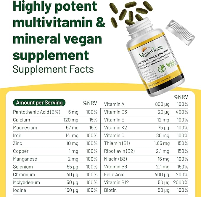 Vegan Multivitamins & Minerals for Women and Men with High Strength Vitamin B12, D3 & K2. 180 Multivitamin Tablets - 6 Months Supply. Vitamins for Vegans & Vegetarians-SeraviaPure