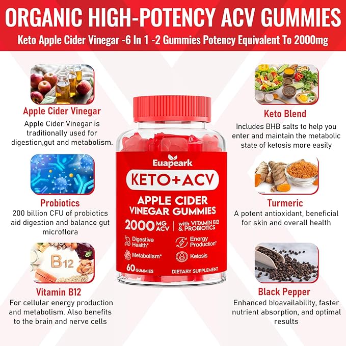 Apple Cider Vinegar Gummies, Keto ACV Gummies with Probiotics, Vitamin B12 & Keto Support, 2000 mg ACV Gummies with Mother for Digestion, Metabolism, Cleanse & Detox Diet, Vegan, Low Sugar, 60 Counts-SeraviaPure