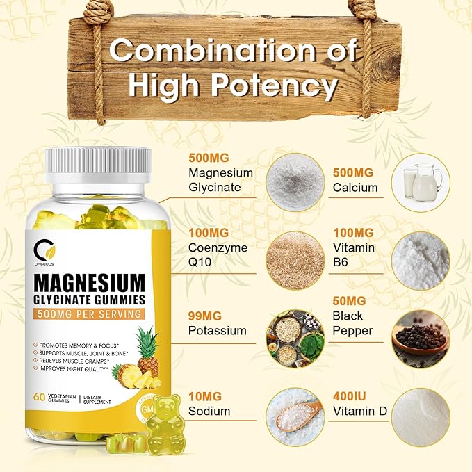 (2 Pack) Magnesium Glycinate Gummies 500mg, High-Absorption Magnesium Supplement with Calcium & Vitamins, Support Bone, Muscle, Night, Memory & Mood, Vegan, Non-GMO, 60 Counts, Pineapple Flavor
