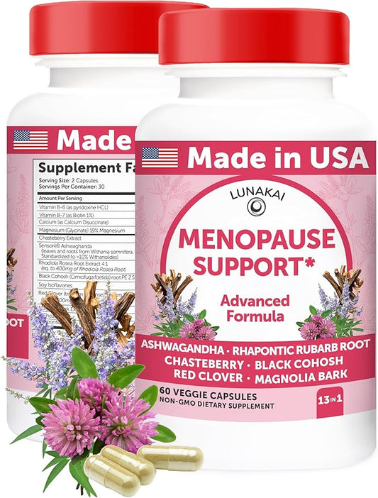 Lunakai USA Made Natural Menopause Supplements for Women – 13-in-1 Menopause Relief for Hot Flashes, Night Sweats, Sleep & Mood Support, 60ct