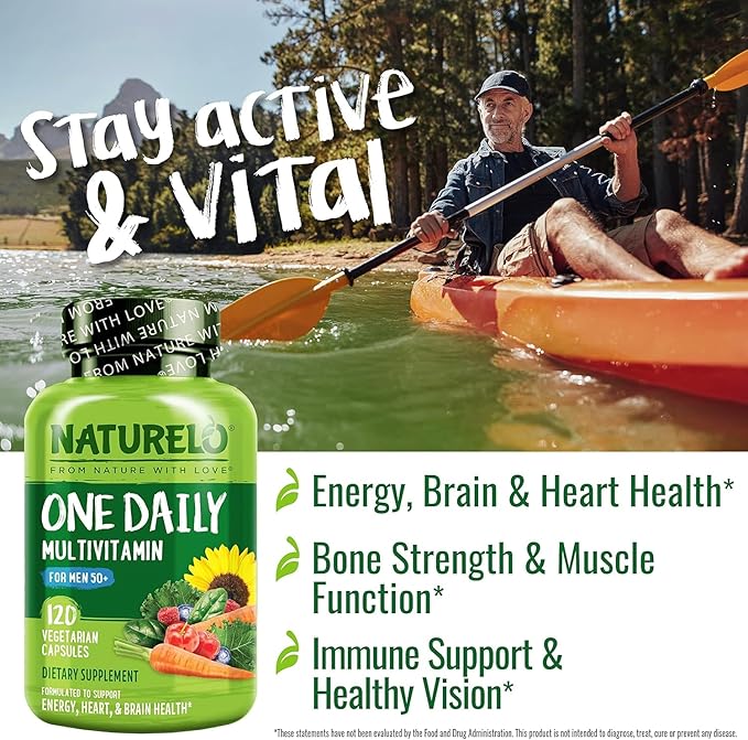 NATURELO Mens Multivitamins for Men 50+ - One Daily Multivitamin for Men with Vitamins, Minerals & Organic Whole Foods, Boost Energy & Health, Non-GMO, 120 Vegetarian Capsules-SeraviaPure