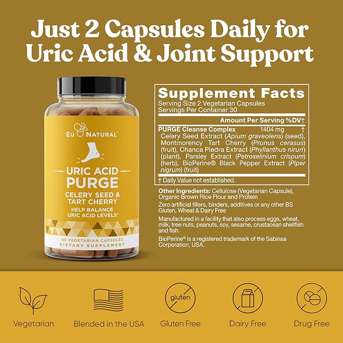 Purge! Uric Acid Flush – Eat & Drink What You Want – Detox and Cleanse with Celery Seed Extract, Tart Cherry & Chanca Piedra for Effective Joint Support & Active Mobility – 120 Soft Vegan Capsules-SeraviaPure