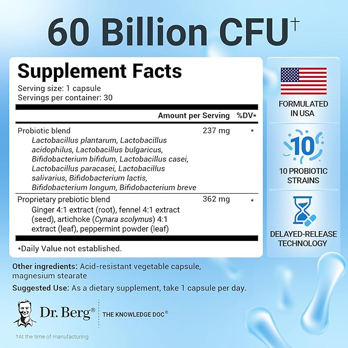 Dr. Berg 60 Billion Probiotic Supplement - Supports Occasional Constipation, Diarrhea, Gas & Bloating* - Pre and Probiotics for Digestive Health - 30 Probiotic Capsules-SeraviaPure