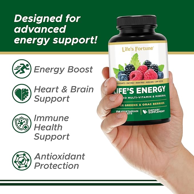 Life's Energy Advanced Daily Multivitamin for Men & Women, Energy & Immune Support Supplement with Super Greens - Antioxidants & Enzymes - Iron Free, Vegetarian, 120 Tablets by Life's Fortune-SeraviaPure