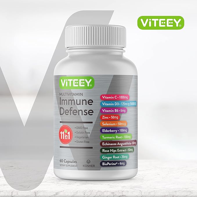 11 in 1 Multivitamin Immune Defense Supplement - Immune Booster Capsules with Vitamin D3, Vitamin B6, Echinacea, Turmeric, Rose-HIPS, Selenium, BioPerine, Ginger, Elderberry Vitamin C and Zinc-SeraviaPure