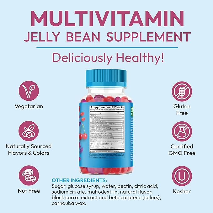 Multivitamin Jelly Bean Gummies with Zinc for Men and Women, Immune Support Dietary Supplements for Adults, Vegetarian, 120 Berry Blast Jelly Beans, Kosher-SeraviaPure