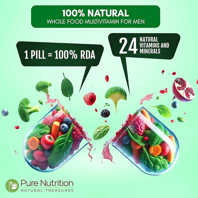 Pure Nutrition Whole Food Multivitamins for Men | 90 Tabs | One-A-Day | 100% RDA | 24 Natural Vitamins and Minerals | All Natural Plant Based Men's Multivitamin | 3 Months Supply
