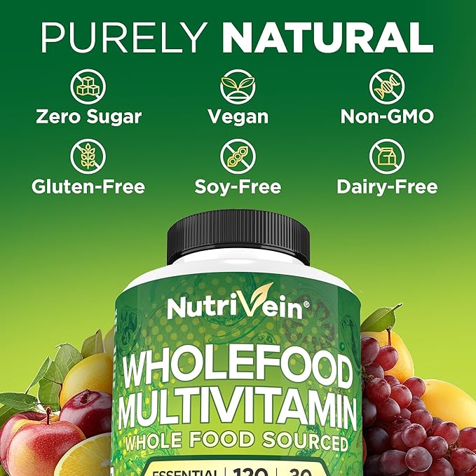 Nutrivein Whole Food Multivitamin - Complete Daily Vitamins for Men and Women from Natural Whole Foods, Real Raw Veggies, Fruits, Vitamin E, A, B Complex - 30 Day Supply (120 Capsules, Four Daily)-SeraviaPure
