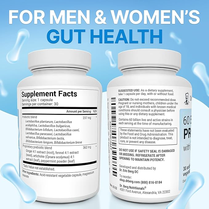 Dr. Berg 60 Billion Probiotic Supplement - Supports Occasional Constipation, Diarrhea, Gas & Bloating* - Pre and Probiotics for Digestive Health - 30 Probiotic Capsules-SeraviaPure