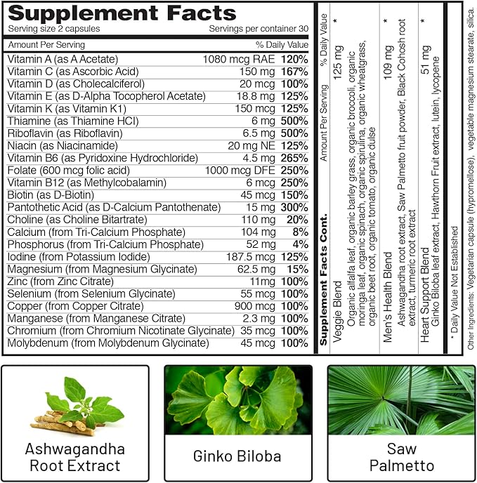 Snap Supplements Men's Multivitamins - Daily Vitamins & Minerals for Men - Vitamin D, B12, Zinc, Herbs & Vitamin C for Energy & Immune Support, Multivitamin for Men, 60 Capsules-SeraviaPure