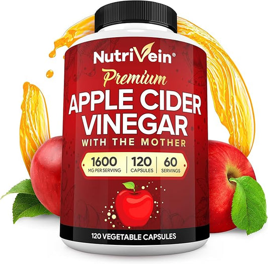 Nutrivein Apple Cider Vinegar Capsules with Mother - 1600mg - 120 Vegan Pills - Supports Healthy Diet, Digestion, Keto, Cleanser - Best Supplement for Immune System - ACV Raw-SeraviaPure