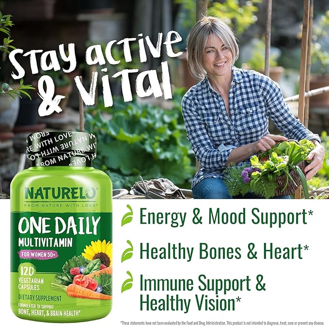 NATURELO One Daily Multivitamin for Women 50+ (Iron Free) - Menopause Support for Women Over 50 - Whole Food Supplement - Non-GMO - No Soy - 120 Capsules - 4 Month Supply-SeraviaPure