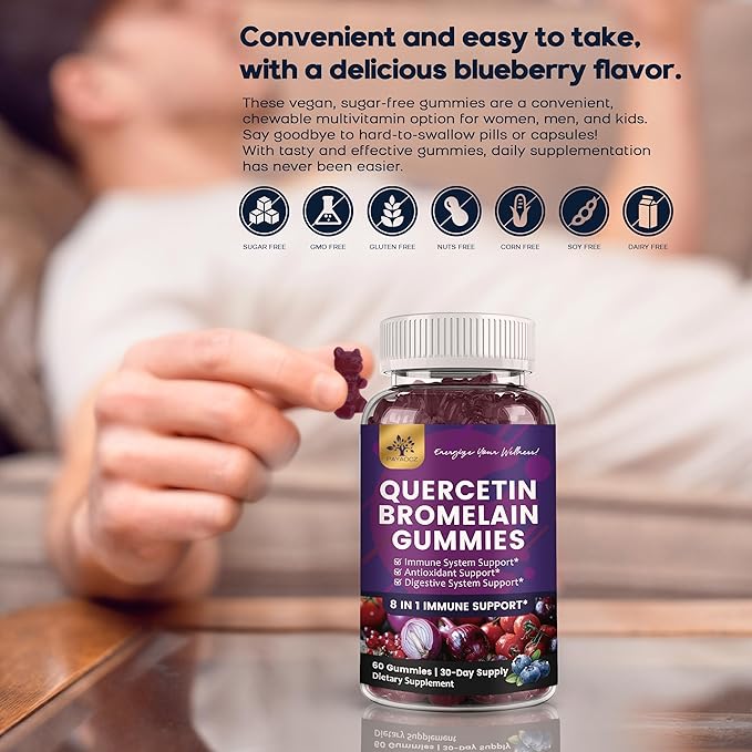 (2 Pack) Quercetin Gummies with Bromelain Zinc Elderberry Vitamin C D3 K2, Quercetin 1000mg Supplement with Bromelain 500mg for Cardiovascular, Immune System & Allergy, Vegan Gummy for Adult & Kid-SeraviaPure