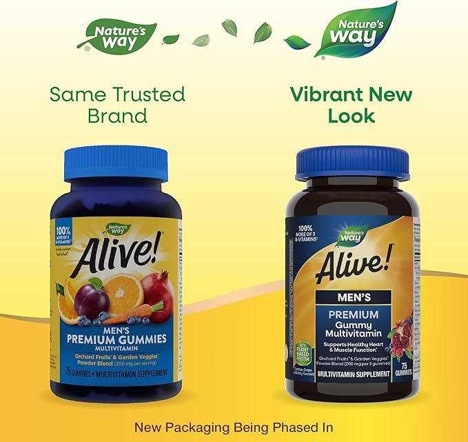 Nature's Way Alive! Men's Premium Gummy Multivitamin, Supports Healthy Heart, Muscle Function*, Full B-Vitamin Complex, Orange, Grape, Cherry Flavored, 75 Gummies (Packaging May Vary)-SeraviaPure