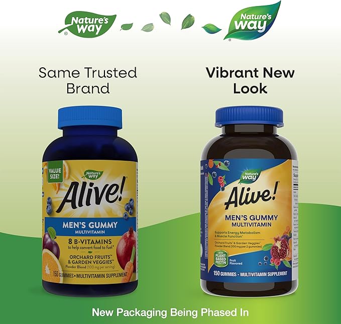 Nature's Way Alive! Men's Daily Gummy Multivitamin, Supports Energy Metabolism & Muscle Function*, B-Vitamins, Gluten-Free, Vegetarian, Fruit Flavored, 150 Gummies (Packaging May Vary)-SeraviaPure