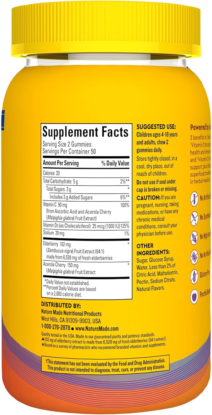 Nature Made Wellblends Immune & Superfood, Elderberry Gummies with Acerola Cherry Extract, Plus Vitamin C + Vitamin D, Immune Support Supplement, 100 Gummy Vitamins-SeraviaPure