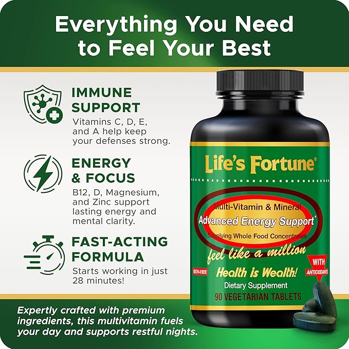 Life's Fortune Multivitamin All Natural Energy Source Supplying Whole Food Concentrates, Antioxidants, Amino Acids, Enzymes, Trace Minerals & More (90 Count (Pack of 1))-SeraviaPure