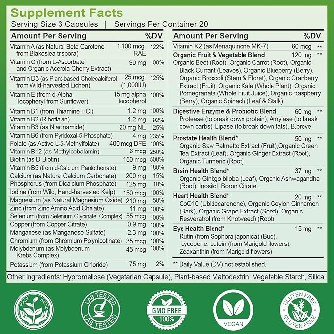 Multivitamins for Men 50 Plus, Whole Food Multivitamin Organic Based Superfoods Supplement for Men 50+ for Brain, Heart and Eye Health, Improve Digestion & Prostate Health, 120 Capsules-SeraviaPure