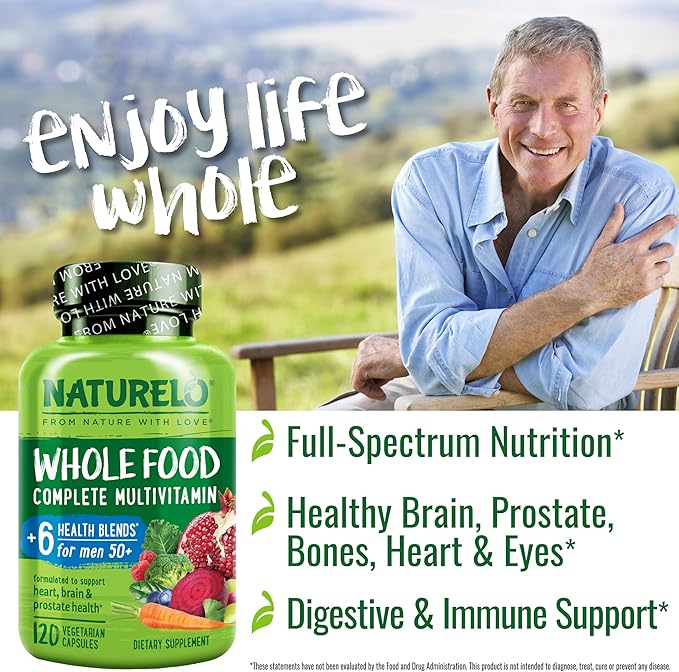 NATURELO Whole Food Multivitamin for Men 50+ - with Vitamins, Minerals, Organic Herbal Extracts - Vegan Vegetarian - for Energy, Brain, Heart and Eye Health - 120 Capsules-SeraviaPure