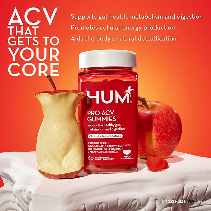 HUM Pro ACV Gummies -100% Organic Apple Cider Vinegar with The Mother, Probiotics for Digestive Health & B12 for Metabolism Support (60 Count)-SeraviaPure