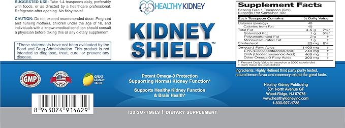 Kidney Shield Omega 3 Fish Oil Supplements - DHA EPA Omega 3 Supplement for Women & Men Kidney Health - Omega3 to Support Normal Kidney Function & Kidney Cleanse Detox & Repair - 120 Lemon Softgels-SeraviaPure