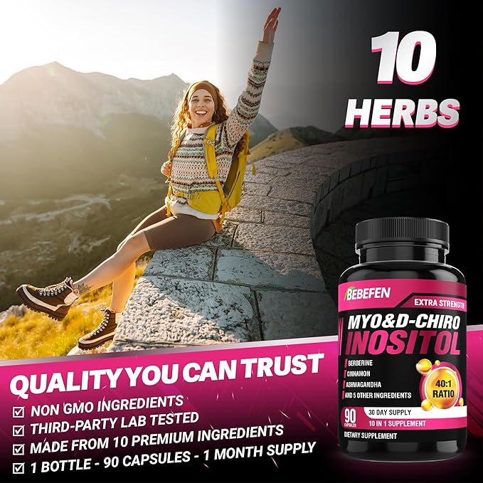Inositol Supplement - Myo-Inositol and D-Chiro Inositol Ideal 40:1 Ratio - Plus Berberine, Cinnamon, Ashwagandha + 5 More - 90 Capsules