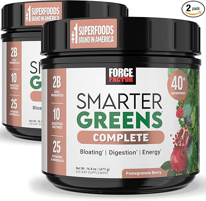 Force Factor Smarter Greens Superfoods Powder to Support Digestion, Gut Health, Bloating, Greens Powder with Probiotics, Prebiotics, Digestive Enzymes, & Adaptogens, Pomegranate Berry, 60 Servings-SeraviaPure