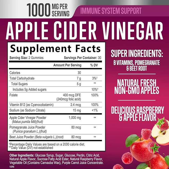 Vegan Apple Cider Vinegar Gummies 1000mg for Detox & Cleanse, ACV Gummy Vitamin B12 for Digestion Metabolism & Immune Health Support, Natural Apple Raspberry Flavor, Gluten Free - 60 Gummies-SeraviaPure