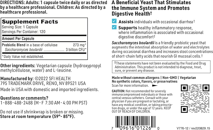 Klaire Labs SFI Health Saccharomyces Boulardii Probiotic - Acid Resistant & Shelf-Stable Supplement to Support Healthy Yeast Balance, Immune & Digestive Health - Hypoallergenic, Dairy-Free (120ct)-SeraviaPure