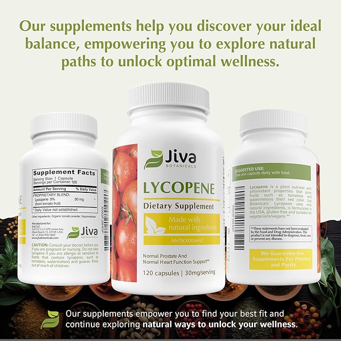Jiva Botanicals Lycopene Supplement 30mg - Antioxidant Support for Normal Prostate and Heart Health Support - Lycopene from Tomato Extract - Made in The USA - Non GMO, Vegan - 120 Capsules-SeraviaPure