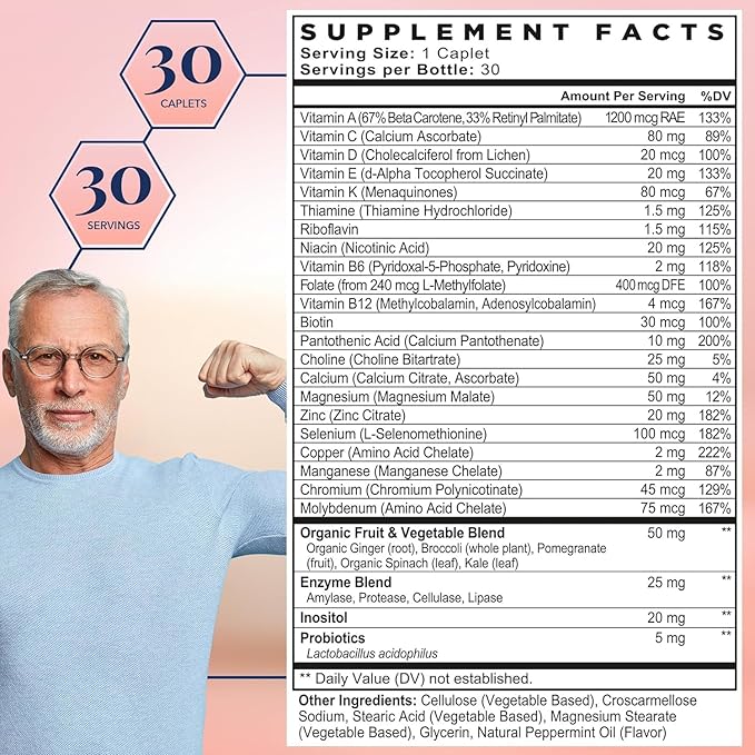 Best Nest Wellness Men's Multi Plus - Daily Multivitamin for Brain & Energy Health Support - Daily Multivitamin for Men - Probiotics & Digestive Enzyme Formula - 30 Caplets-SeraviaPure