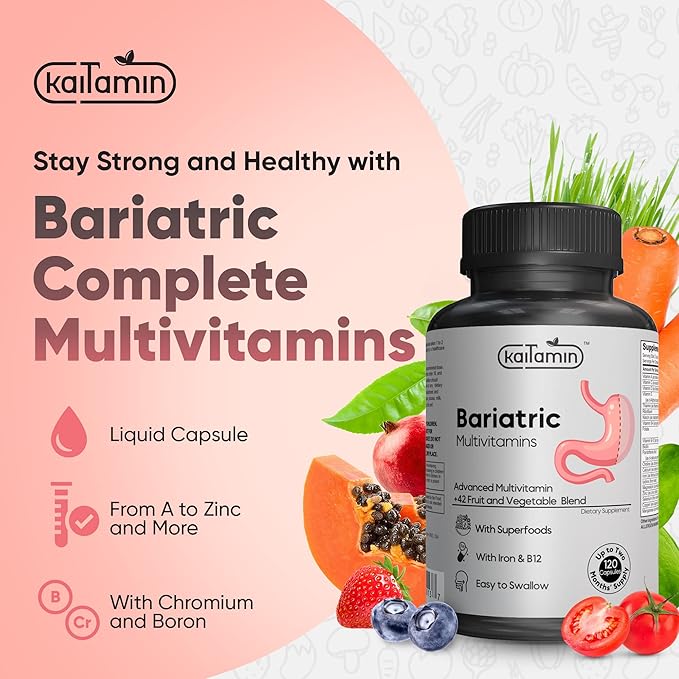 Bariatric Multivitamin with Iron for Post-Bariatric Surgery - Easy-to-Swallow Liquid Capsules with 42 Fruit & Veggie Blend - 120 Capsules, 2 Month Supply-SeraviaPure
