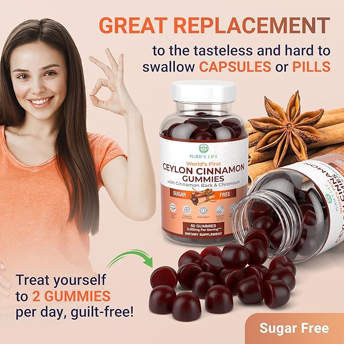 Purify Life Sugar-Free Ceylon Cinnamon Gummies (2,000mg/Serving) Ceylon Cinnamon Supplement for Brain Health, Vegan, Gluten-Free, Replace Ceylon Cinnamon Capsules, Pills, Powder, Extract (60 Chews)-SeraviaPure