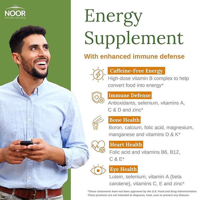 Noor Vitamins Energy+ Multivitamin; Halal Vitamin for Energy Production & Immunity, 26 Vitamins & Minerals, Black Seed, Dates, Honey, for Men & Women. Gelatin Free, 2 Month Supply-SeraviaPure