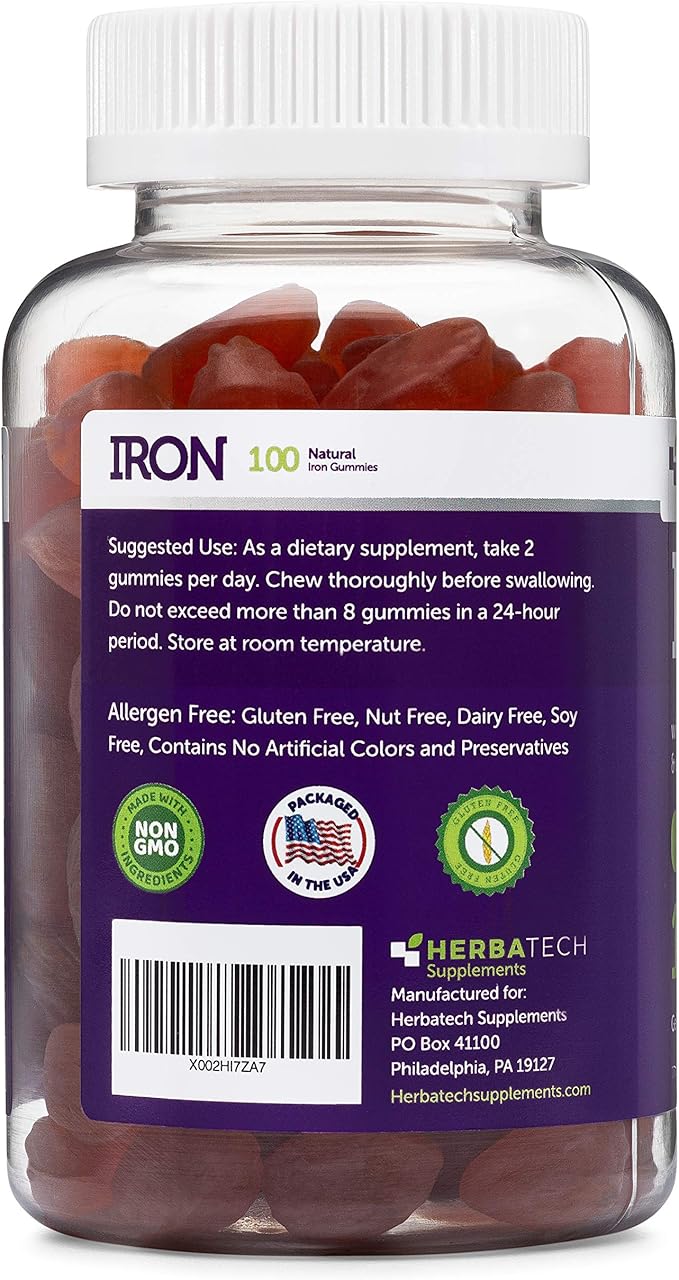 Iron Gummies for Adults and Kids, Chewable Multivitamin Supplement with Iron, Vitamin C, A, B, Zinc, Folic Acid, and Biotin (Grape Flavored) Vegan Safe, Made in The USA from HERBATECH-SeraviaPure