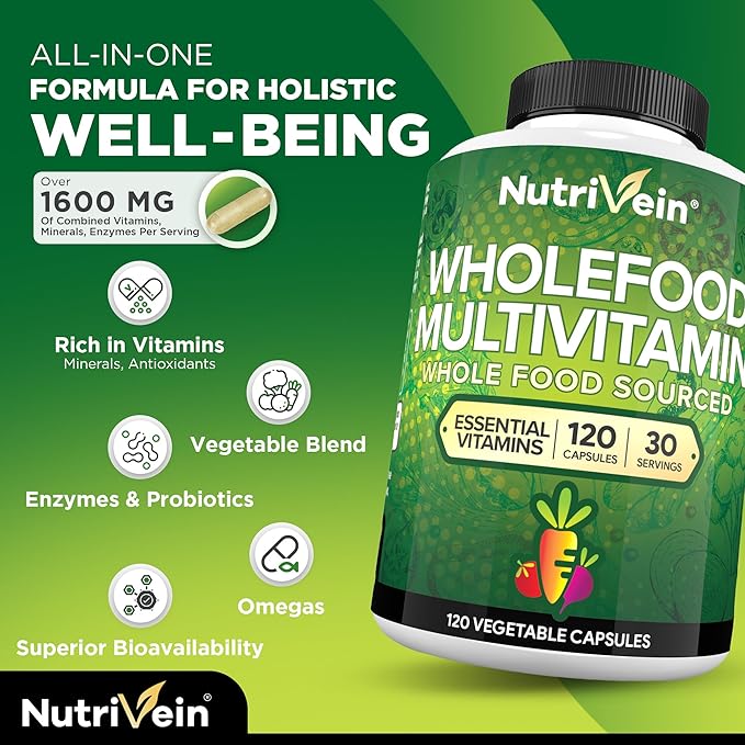 Nutrivein Whole Food Multivitamin - Complete Daily Vitamins for Men and Women from Natural Whole Foods, Real Raw Veggies, Fruits, Vitamin E, A, B Complex - 30 Day Supply (120 Capsules, Four Daily)-SeraviaPure