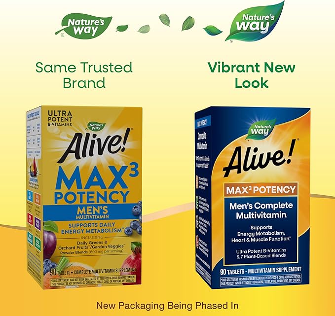 Nature’s Way Alive! Men’s Max3 Potency Multivitamin, Supports Energy Metabolism*, Heart & Muscle Function*, with Methylated B12 and Folate, Gluten-Free, 90 Tablets (Packaging May Vary)-SeraviaPure