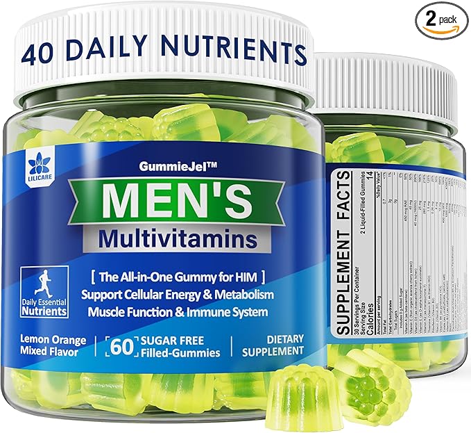 (2 Pack) Multivitamin for Men, Daily Mens Multivitamins & Multiminerals Gummies, Mens Vitamins A C D E B6 B12, Methylfolate, Omega 3, Probiotics, Enzymes for Energy, Immunity, Sugar Free, (No Iron)-SeraviaPure