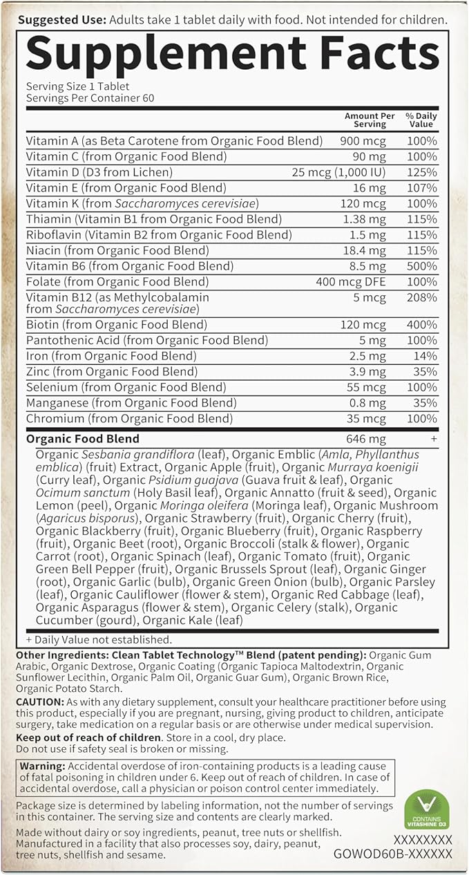 Garden of Life Organics Multivitamin for Women - Women's Once Daily Multi - Whole Food Multi with Iron, Biotin, Vegan Organic Womens Multivitamin for Health, Energy Hair Skin and Nails, 60 Tablets-SeraviaPure