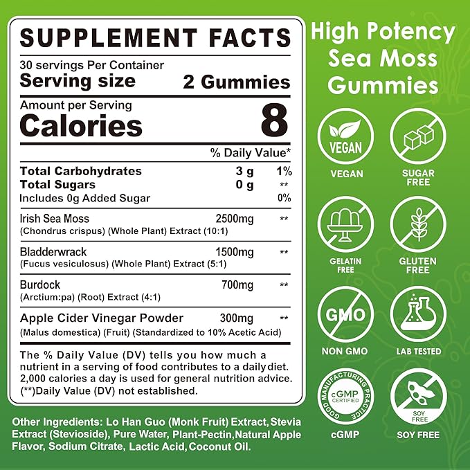 (2 Pack) Sea Moss Gummies - Irish Sea Moss Gummies for Adults & Kids - Advanced Superfood Seamoss Supplement with Organic Bladderwrack & Burdock Root Extract，ACV for Daily Immune, Gut Cleanse, Vegan