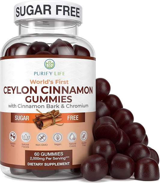 Purify Life Sugar-Free Ceylon Cinnamon Gummies (2,000mg/Serving) Ceylon Cinnamon Supplement for Brain Health, Vegan, Gluten-Free, Replace Ceylon Cinnamon Capsules, Pills, Powder, Extract (60 Chews)-SeraviaPure